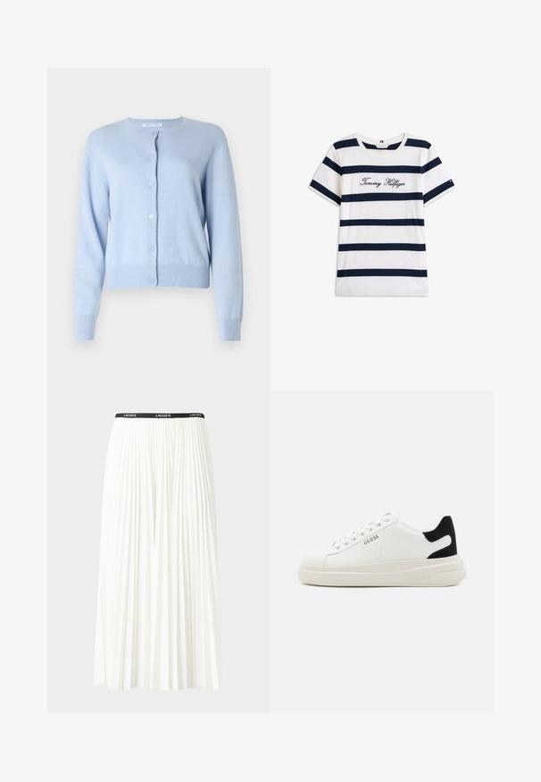 Šviesiai mėlynas megztinis, pagamintas iš minkštos medžiagos, su apvaliu kaklu, priekiniais mygtukais, ilgomis rankovėmis ir megztomis rankovėmis bei apačia.; Baltos medvilninės marškinėliai su horizontaliomis tamsiai mėlynomis juostelėmis. Ant krūtinės išsiuvinėtas „Tommy Hilfiger“ rašmuo. Apvalus iškirpimas.; Pleated balta sijonas su juodu elastiniu juosmeniu, ant kurio yra "LACOSTE" logotipas. Vidutinio ilgio dizainas su švelnia tekstūra.; Baltos odinės sportbačiai su storu baltu padu, juodu nubuko kulno akcentu ir iškilmingu logotipu šone. Su raišteliais, turinčiais šešis akinius.