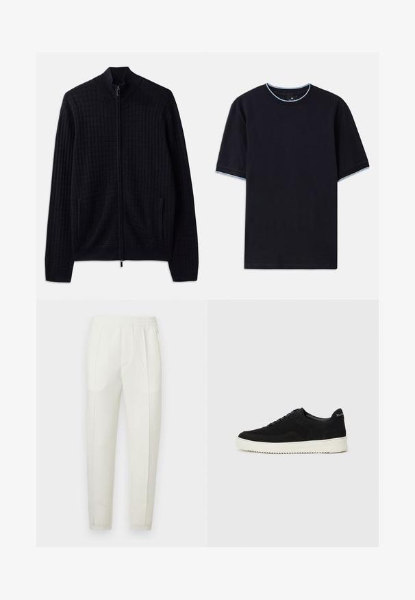 Marineblå hettegenser med glidelås i strukturert strikkemønster, med høy krage, sidelommer og ribbede mansjetter og nederkant. Laget av mykt stoff.; Mørkeblå t-skjorte med korte ermer og rund hals, med lyseblå detaljer ved kragen og ermene. Laget av myk bomullsstoff.; Hvite smale bukser med elastisk midjebånd, med to sidelommer og en glatt, litt skinnende tekstur.; Svart semsket sneakers med snøring og kontrasterende hvit gummisåle. Har teksturerte sidepaneler og subtil merkevare på hælen.