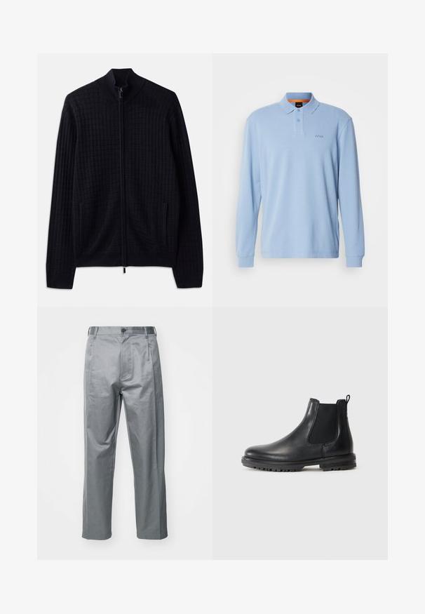 Navy zip-up sweater in textured knit pattern with high collar, side pockets, and ribbed cuffs and hem. Made from soft fabric.; Light blue long-sleeve polo shirt in textured fabric with a collar and two-button placket, featuring embroidered "BOSS" logo on the chest.; Gray cotton blend trousers with a straight-leg design, featuring a front button closure, belt loops, and side pockets.; Black leather Chelsea boot with elastic side panels, pull tab, rounded toe, and rugged sole featuring traction grooves.