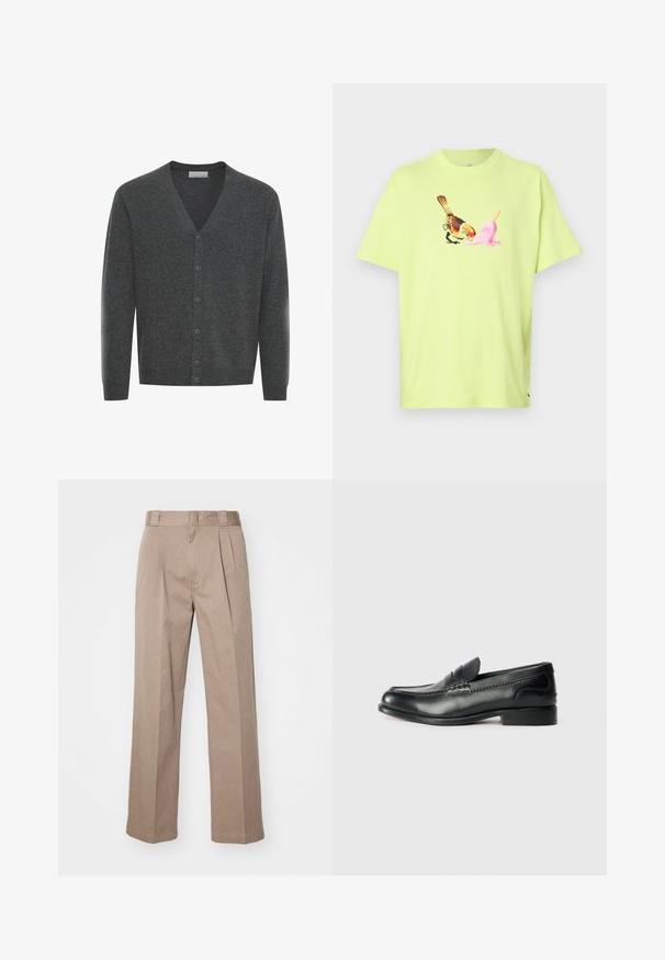 Cardigan in lana grigia con scollatura a V, bottoni frontali e polsini a costine. Texture morbida e design aderente.; T-shirt di cotone verde lime con grafica di un uccello e un cono gelato rosa, dotata di colletto tondo semplice e maniche corte.; Pantaloni beige a vita alta con un design a gamba larga. Presentano due pieghe frontali e una texture liscia. Lunghezza standard con una finitura pulita.; Mocassini in pelle nera con finitura liscia, dettagli cuciti sulla parte superiore e tacco leggermente rialzato.