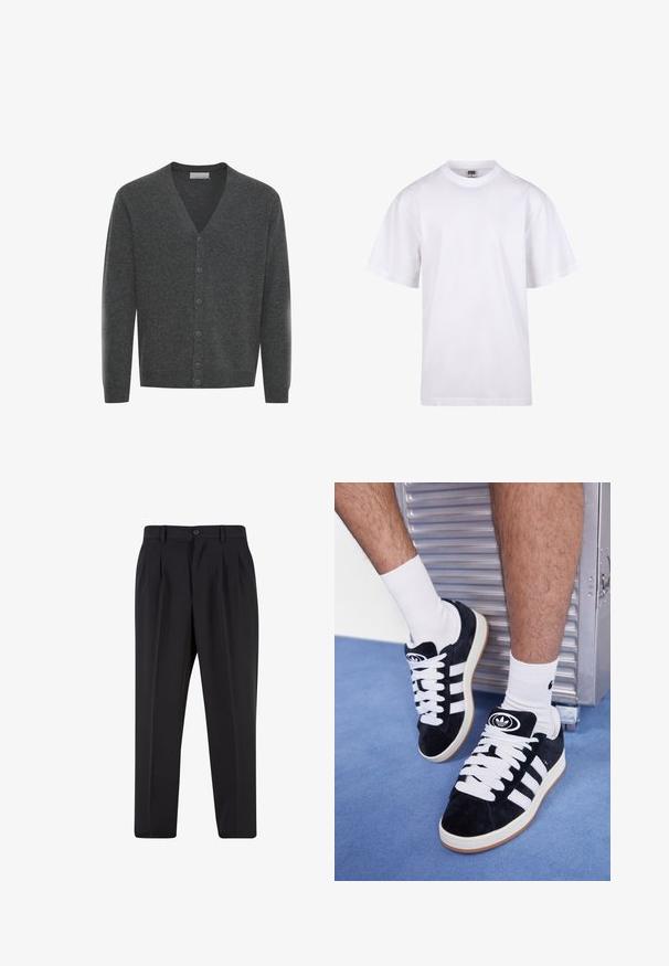 Grauer Wollcardigan mit V-Ausschnitt, Vorderknöpfen und gerippten Bündchen. Weiche Textur und taillierte Passform.; Weißes Baumwoll-T-Shirt mit Rundhalsausschnitt, kurzen Ärmeln und lockerer Passform. Hat ein schlichtes Design ohne Muster oder Akzente.; Schwarze Hose mit plissiertem Vorderdesign, aus glattem Stoff gefertigt. Mit Knopfverschluss und Gürtelschlaufen; gerade Passform.; Schwarze Wildledersneaker mit weißen Schnürsenkeln und drei weißen Streifen. Verfügt über ein kreisförmiges schwarzes Logo auf der Zunge und eine Gummisohle.