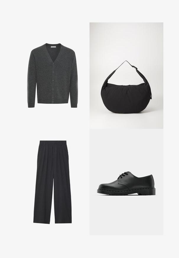 Harmaa villaneule V-pääntällä, etunapeilla ja resorikohdistuksilla. Pehmeä rakenne ja istuva muotoilu.; Valkoinen pitkähihainen henley-paita, jossa on kolme nappia ja pyöreä kaula-aukko, esillä yksinkertaisella valkoisella taustalla.; Suorat lahkeet valmistettu tummanharmaasta kankaasta. Ominaisuuksiin kuuluu laskokset vyötäröllä, muotoilu on siisti ja siluetti suora.; Musta nahkainen oxford-kengät, joissa on nauhakiinnitys, pyöreä kärki, litteä kumipohja ja hillitty ompelutaito yläosassa.; Musta kangaskassi, joka on kaarevamuotoinen, yksi olkahihna ja vetoketjukiinnitys. Pehmeä rakenne, minimalistinen muotoilu.