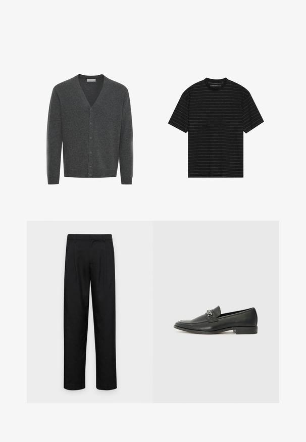 Grå ullcardigan med V-hals, framknappar och ribbade ärmslut. Mjuk textur och figurnära design.; Svart kortärmad t-shirt med tunna vita horisontella ränder. Tillverkad av mjukt tyg med rundad hals och avslappnad passform.; Svarta byxor i slät väv, med rak ben-design, två framfickor och standardmidja med bälteshällor.; Svart läderloafers med en slät yta, med en sydd design och en dekorativ metallkedjeaccent över västen. Platt häldesign.
