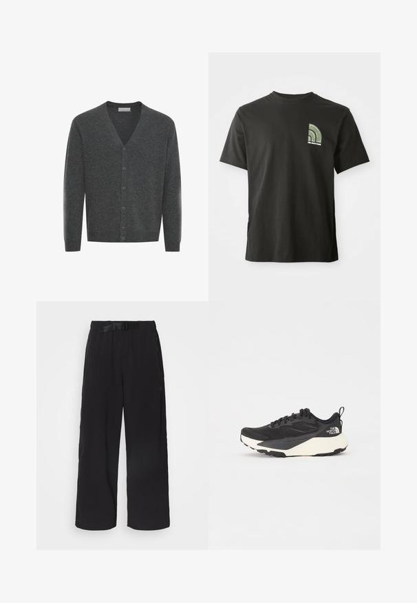Gray wool cardigan with a V-neck, front buttons, and ribbed cuffs. Soft texture and fitted design.; Black short-sleeve crew neck t-shirt with a small green and white quarter-circle logo and "The North Face" text on the left chest.; Black wide-leg pants with a textured fabric, featuring a waistband with an adjustable belt and zippered side pockets.; Black athletic shoe with textured mesh upper, solid black accents, and white lightweight outsole. Features lace-up closure and pull tab.