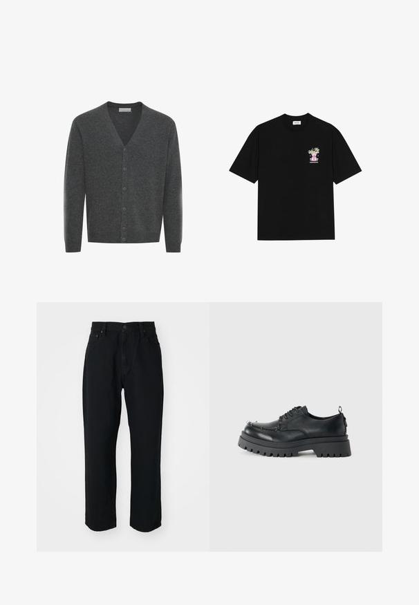 Grå ullcardigan med V-hals, framknappar och ribbade ärmslut. Mjuk textur och figurnära design.; Svart bomullströja med en färgglad grafik på vänster bröst, som föreställer en nallebjörn och stiliserad text, med korta ärmar och rundad halsringning.; Svarta denimjeans med rak passform, lätt känsla, femficksdesign och knappstängning i midjan.; Svart kraftig läder snörskor med tjock slitstark sula och metallöglor på tåområdet, fotograferad mot en enkel ljus bakgrund.