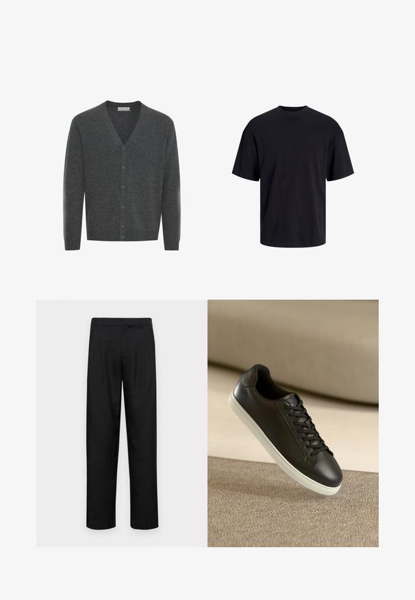 Grå uld cardigan med V-hals, frontknapper og ribstrikkede manchetter. Blød tekstur og tætsiddende design.; Sort bomulds t-shirt med rund hals, korte ærmer og en afslappet pasform. Glat tekstur uden synlige mønstre eller accenter.; Sorte bukser lavet af glat stof, med et lige ben-design, to frontfolder og en standard talje med bæltestropper.; Sort lædersneaker med hvid gummisål og sorte snørebånd, placeret mod en beige stofoverflade og baggrund.