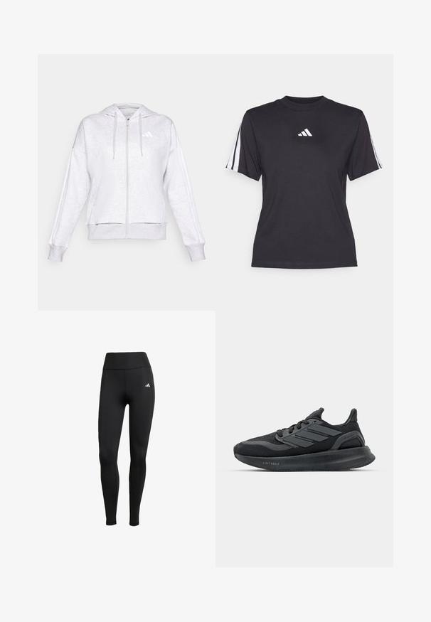 Light gray hoodie with a zip front, adjustable drawstring, and two side pockets. Features white logo and stripes along the sleeves.; Black athletic t-shirt made of soft fabric, featuring a crew neckline, short sleeves, and three white stripes on each shoulder. White logo on chest.; Black athletic leggings with a high waistband. Made of stretchable fabric featuring a white logo detail on the upper left side.; Black athletic shoes with a mesh upper, textured panels, three stripes detail, and a curved sole labeled "LIGHT BOOST."