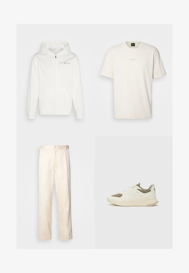 Felpa bianca con zip realizzata in materiale morbido, con una comoda tasca frontale, cappuccio con cordino e logo GANT 1949 sul petto.; BOSS TEE - T-shirt basic - open white; Pantaloni in cotone beige con taglio dritto, dotati di chiusura a bottone e pence sul davanti per un tocco di dettaglio in più.; Sneaker atletica bianca e beige chiaro, con tomaia in mesh, dettagli perforati e una suola intermedia texturizzata con marchio sul tallone.