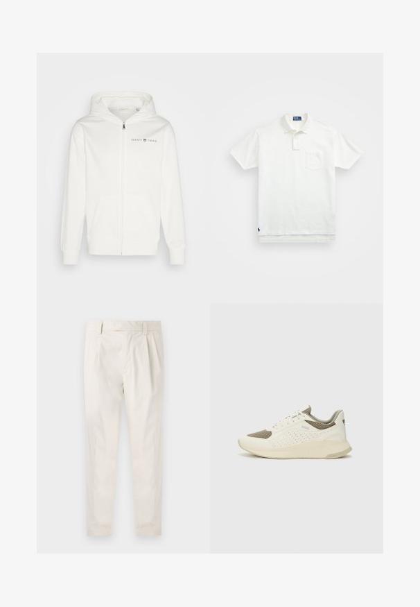 Bílá zipová mikina vyrobená z měkkého materiálu, která má prostornou přední kapsu, kapuci se stahovací šňůrkou a logo GANT 1949 na hrudi.; Bílá polo košile vyrobená z bavlny, s klasickým límcem, tříknoflíkovou légou a kapsičkou na levé straně hrudi; malá nášivka na lemu.; Bílé, plisované kalhoty s upraveným střihem, které mají hladkou texturu, poutka na opasek a zúžené nohavice. Bez viditelných kapes nebo vzorů.; Bílé a světle béžové atletické tenisky, které mají síťovaný svršek, perforované detaily a texturovanou mezipodešev s logem na patě.