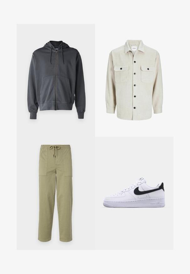 Grå zip-up hoodie med huva, framficka och ribbade ärmavslut. Tillverkad av mjukt tyg och har en enkel, ren design.; Beige flanellskjorta med krage, som har två bröstfickor, svarta knappar och långa ärmar med knappslut.; Ljus olivgröna byxor i en bomullsblandning, med elastisk midja och dragsko, samt två stora sidofickor.; Vita lädersneakers med en texturerad svart Swoosh, platta snören och en gummisula med ett räfflat mönster. "AIR" är präglat på hälen.