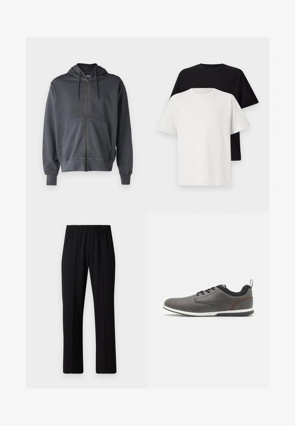 Šedá mikina na zip s kapucí, přední kapsou a žebrovanými manžetami. Vyrobena z měkkého materiálu, s jednoduchým, čistým designem.; Sada bavlněných triček, která obsahuje černé a bílé tričko, obě s krátkým rukávem, kulatým výstřihem a standardním střihem. Texturovaná látka.; Černé kalhoty s elastickým pasem a rovnými nohavicemi, s hladkým povrchem a bez viditelných vzorů nebo kovových doplňků.; Šedé kožené boty s černými akcenty, s kulatou špičkou, šněrovacím designem, bílou podrážkou a malým poutkem na patě.