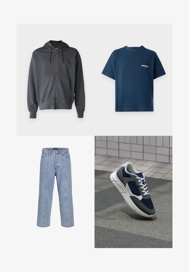 Sweat à capuche gris avec fermeture éclair, poche frontale et poignets côtelés. Fabriqué en tissu doux, avec un design simple et épuré.; T-shirt en coton bleu marine à manches courtes et col rond. Présente un petit logo blanc sur la zone gauche de la poitrine. Texture douce.; Jean en denim bleu clair avec une coupe ample, des jambes larges et des détails de couture visibles. Il dispose d'une fermeture à bouton et zip, ainsi que de cinq poches.; Baskets avec une tige en mesh bleu marine, des accents en suède gris, une semelle en caoutchouc blanc et des lacets plats blancs, conçues pour le confort et la respirabilité.