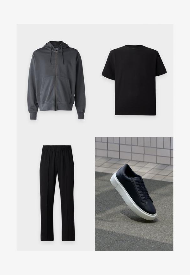 Pelēks kapuces džemperis ar rāvējslēdzēju, priekšpuses kabatu un ribota piedurknes. Izgatavots no mīksta auduma, ar vienkāršu, tīru dizainu.; Melnās īsām piedurknēm T-krekls no teksturēta auduma, ar apaļu kakla izgriezumu un brīvu piegriezumu. Vienkāršs, bez rakstiem vai akcentiem.; Melni elastīgi bikses ar taisnas kājas dizainu, ar gludu tekstūru un bez redzamām zīmēm vai detaļām.; Melnas ādas kedas ar noapaļotu pirkstu un baltu gumijas zoli. Iespējas - plakanas šņorītes un minimāla apdare augšdaļā. Struktūrēta zole, lai nodrošinātu saķeri.