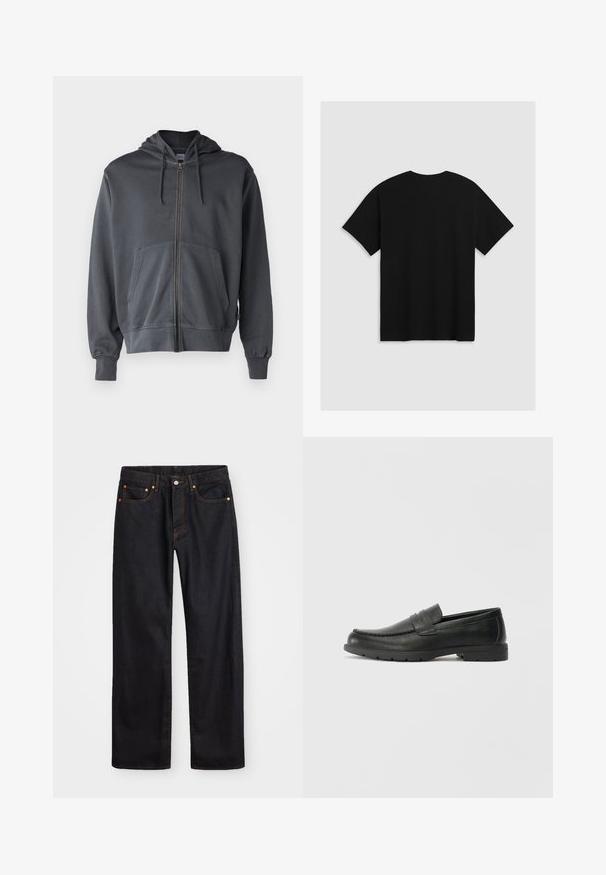 Grauer Reißverschluss-Hoodie mit Kapuze, Fronttasche und gerippten Bünden. Hergestellt aus weichem Stoff und mit einem schlichten, sauberen Design.; Levi's® BOXTAB - T-Shirt print - boxtab in black bas; Herren gerade geschnittene schwarze Jeans aus Denim mit fünf Taschen und orangefarbenen Nähten, Knopf- und Reißverschluss vorne am Bund.; Schwarze Lederloafers mit glatter Oberfläche, Mokassin-oberteil, genähten Details und Gummisohle. Klassisches Design mit niedrigem Absatz.