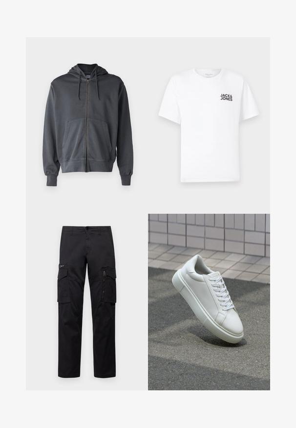 Hallide halliga, millega on kapuuts, esikott ja ribakätised. Valmistatud pehmest kangast, millel on lihtne ja puhas disain.; Valge puuvillane T-särk, lühikeste varrukatega, ümmarguse kaelusega. Vasakul rinnal on musta teksti logoga "JACK & JONES". Lihtne, üksikasjadeta disain.; Mustad mustree püksid, millel on mitu taskut, lukuulukuga tasku reie peal, sirge lõige ja tugevast puuvillast materjal, millel on kerge läige.; Valge nahkline sneka, millel on sile pind, ümar varvas ja lame valge pael. Omab tekstuuriga kummist talla ja minimaalset kujunduselementi.