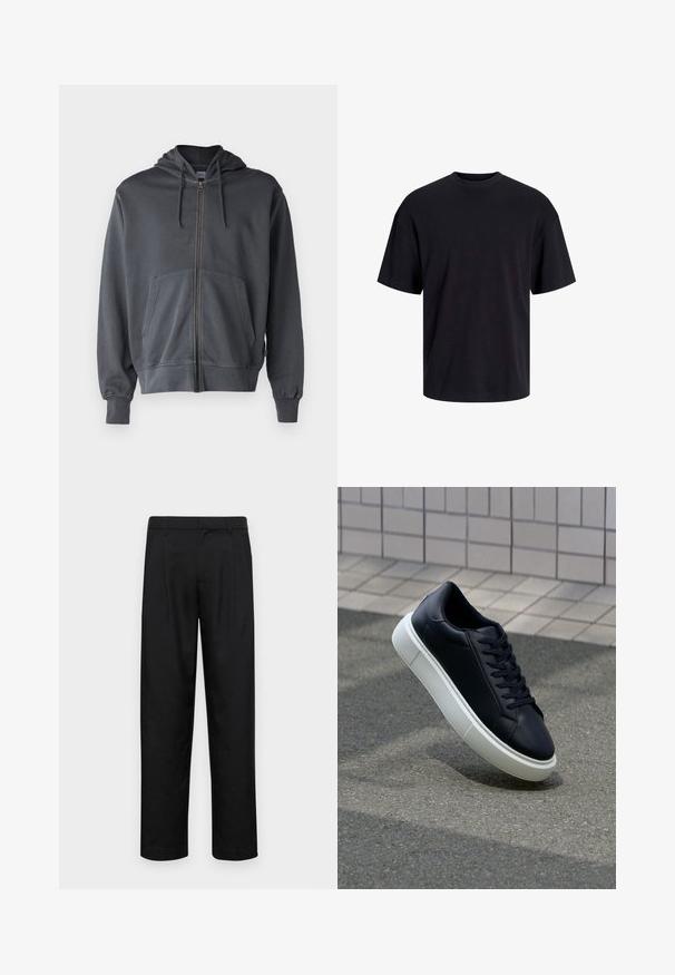 Harmaa vetoketjullinen huppari, jossa on huppu, etutasku ja ribbaatut hihansuut. Valmistettu pehmeästä kankaasta, jossa on yksinkertainen ja siisti muotoilu.; Musta puuvillapaita, jossa on pyöreä kaula-aukko, lyhyet hihat ja rento muotoilu. Yksinkertainen ja sileä pinta, ilman näkyviä kuvioita tai koristeita.; Mustat housut, jotka on valmistettu sileästä kankaasta, suoran lahkeen muotoilulla, kahdella etupleekillä ja tavanomaisella vyötäröllä, jossa on vyölenkit.; Mustat nahkakengät, joissa on pyöristetty kärki ja valkoinen kumipohja. Varusteena litteät nauhat ja minimaalinen ommel ylhäällä. Teksturoitu pohja pitävyyden lisäämiseksi.