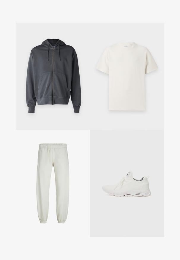 Siva zip-up kapuca s kapuco, sprednjim žepom in ribanim manšetami. Narejen iz mehke tkanine, z enostavnim in čistim dizajnom.; Bela majica s kratkimi rokavi iz rebraste tkanine. Okrogli izrez, sproščen kroj, brez vidnih vzorcev ali naglasov. Preprosta in vsestranska zasnova.; Bele trenerke narejene iz mehkega blaga, z elastičnim pasom in manšetami, gladke teksture in ohlapnega kroja.; Bela atletska obuća z značilnom pletenom gornjom stranom, ravnim vezicama i podlogom s jastučićem koja ima vidljive zračne komore za dodatnu potporu.