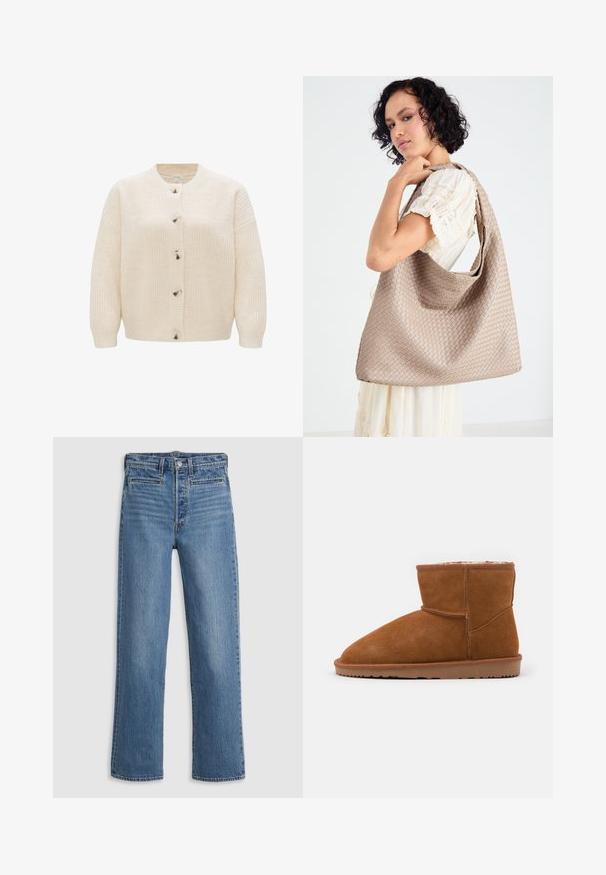 Cardigan lavorato a maglia color crema con scollatura tonda, chiusura a bottoni e tessuto testurizzato con motivi a costine e a treccia.; Camicia a maniche lunghe di colore grigio chiaro e bianco, con righe verticali, colletto e polsini con bottoni. Realizzata in un tessuto leggero e textured.; Jeans azzurri chiari a gamba dritta in denim. Caratteristiche includono un bottone anteriore, cinque tasche e una leggera scoloritura. Senza decorazioni o motivi.; Stivale alla caviglia in suede marrone con punta arrotondata e fodera morbida, dotato di suola in gomma piatta e dettagli di cucitura minimi.; Borsa tote beige intrecciata con un design morbido e una sola tracolla. Presenta un motivo Texturizzato su tutta la superficie.; Clips per capelli in acrilico traslucido con una sottile lucentezza iridescente. Forma arrotondata con sei denti curvi per una presa sicura dei capelli.