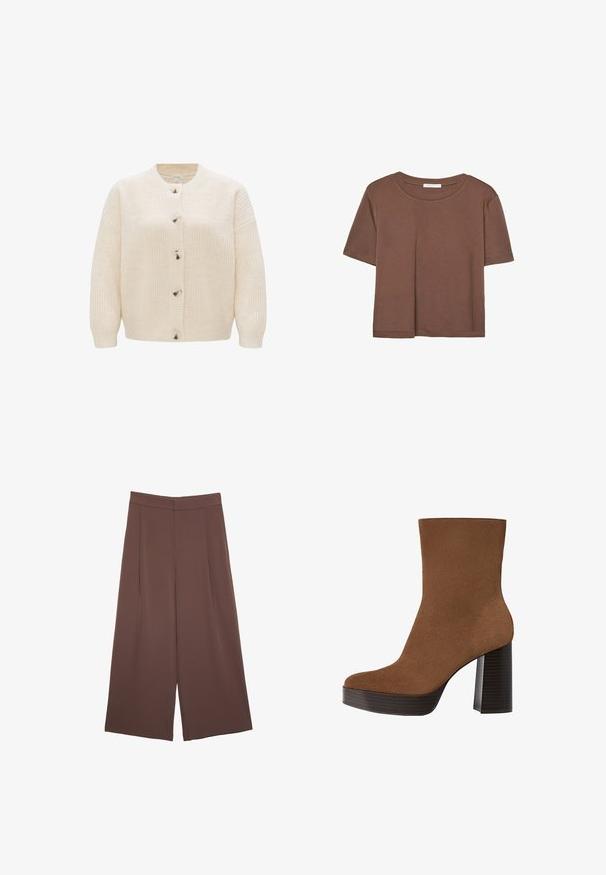 Cremfarbener Strickcardigan mit rundem Ausschnitt, Knopfschluss und strukturiertem Material mit Ripp- und Zopfmuster.; Braunes, kurzärmliges T-Shirt aus weichem Material mit rundem Halsausschnitt und lockerer Passform. Keine sichtbaren Muster oder Akzente.; Braune Weite-Leg-Hosen mit einer glatten Textur, hoher Taille und Vorderfalten. Der Stoff ist leicht und fällt locker.; Braunes Wildleder-Ankle Boot mit runder Spitze, klobigem schwarz gestreiften Absatz und glatter Oberfläche. Besitzt ein enganliegendes Design ohne sichtbare Beschläge.