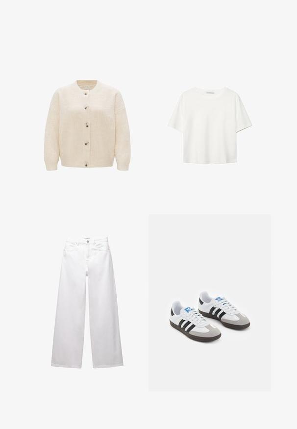 Gilet en tricot crème avec un col rond, fermeture par boutons et un tissu texturé avec des motifs à côtes et en torsades.; T-shirt blanc à manches courtes en coton. Doté d'un col ras du cou et d'une coupe décontractée. Texture lisse sans motifs ni accents visibles.; Jean large blanc en denim. Comprend une fermeture à bouton, des poches avant et arrière, et des coutures. Texture lisse avec un minimum de détails.; Baskets avec une tige en cuir blanc, un bout en daim gris et trois bandes noires. Présente un logo bleu sur la languette et une semelle en caoutchouc texturée.