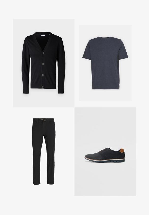 Svart cardigan med V-ringning, fem knappar fram, samt ribbade ärmslut och nederkant. Tillverkad av ett mjukt, stickat material.; Mörkblåt t-shirt med rund halsringning, tillverkad av mjukt bomullsblandat tyg, med korta ärmar och normal passform. Inga synliga mönster eller detaljer.; Svarta bomullsblandade byxor med en smal passform, med knappstängning, fickor och uppvikta fållar för en avslappnad stil.; Svarta syntetiska skor med en strukturerad ovandel, släta detaljer, brun klack och en kontrasterande sula. Har minimal snörning och sömdetaljer.