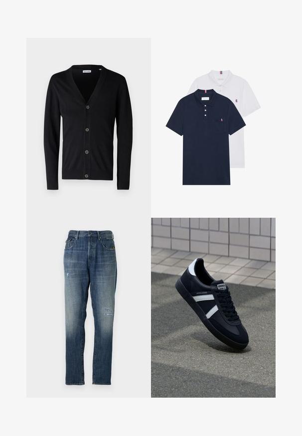 Černý kardigan s výstřihem do V, pěti knoflíky vpředu a žebrovanými manžetami a spodním lemem. Vyrobeno z měkkého pleteného materiálu.; Dvě polo trička: jedno námořnické modré a jedno bílé, obě s malým červeným, bílým a modrým akcentem na kapse a límci.; Džínové kalhoty s bledě modrou barvou, rovný střih, mírným opotřebením vpředu a klasickým pětitovkovým stylem.; Černé kožené tenisky s bílými pruhy, texturovanou gumovou podrážkou a šněrováním vpředu. Obsahují značenou etiketu na jazyku.