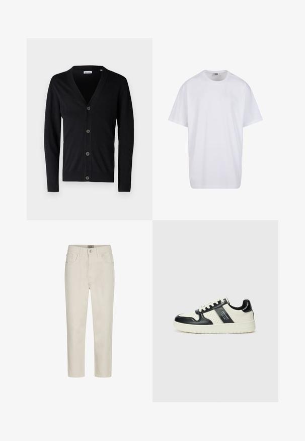 Čierny kardigán s výstrihom do V, piatimi gombíkmi na prednej strane a rebrovanými manžetami a spodným lemom. Vyrobený z mäkkého pleteného materiálu.; Biela bavlnená tričko s krátkymi rukávmi, okrúhlym výstrihom, uvoľneným strihom a žiadnymi viditeľnými logami alebo vzormi. Hladká textúra a minimálny dizajn.; Béžové džínsy rovného strihu s predným gombíkom, pútkami na opasok a dizajnom piatich vreciek, vystavené na bielom pozadí.; Kožené tenisky v čierno-krémovej farbe, s perforovanými akcentmi, polstrovaným golierom a štruktúrovanou podrážkou.
