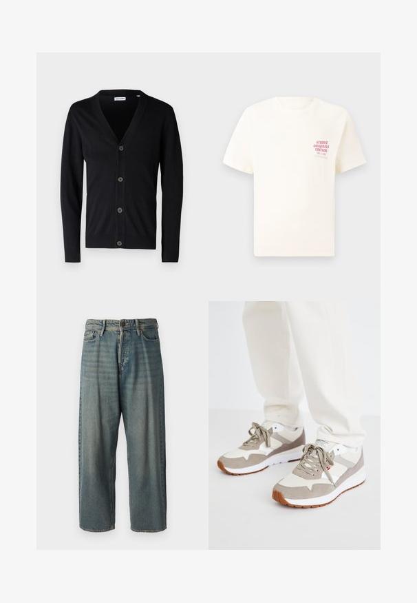 Svart cardigan med V-hals, fem knapper foran og ribbestrikkede mansjetter og kant. Laget av mykt, strikket materiale.; Hvit T-skjorte med korte ermer og rød tekst "Studio Originals Edition" på venstre bryst, vist på en nøytral grå bakgrunn.; Lyseblå denimjeans med løs passform, midjehøyde og rette ben. Har fem lommer, beltehemper og knappelukking.; Beige og grå sneakers laget av en blanding av semsket skinn og mesh-materialer. Har en hvit mellomsåle og en såle av gummi. Standard snøring.