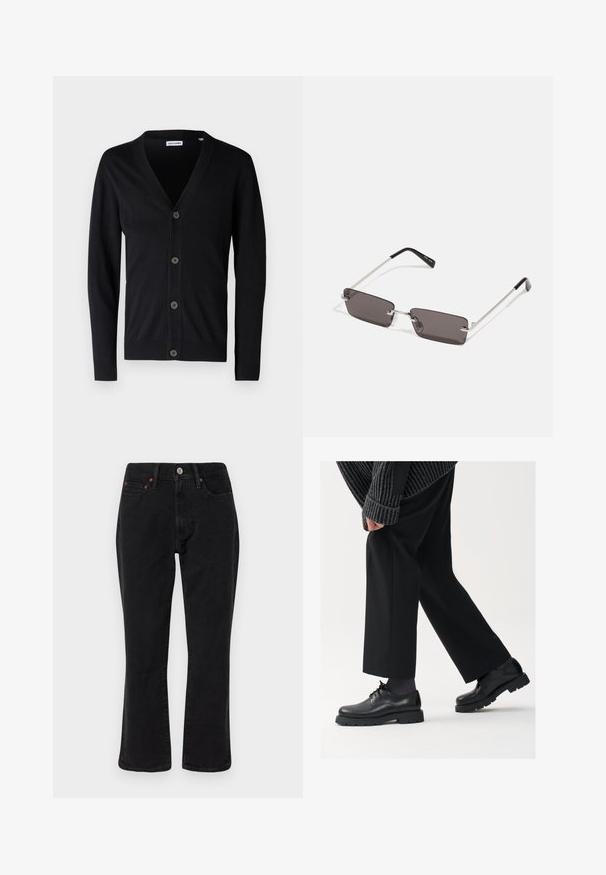Black cardigan with a v-neck, five buttons down the front, and ribbed cuffs and hem. Made from a soft, knitted material.; White cotton t-shirt featuring short sleeves, crew neck, and a red graphic text "DELICIOUS REFRESHING FRUIT" on the front.; Black denim jeans featuring a straight leg design, five-pocket style, and metal hardware with copper accents. Smooth texture and medium rise.; Black leather shoes with a rounded toe, lace-up design, and thick, textured sole. Worn with tailored black trousers and a ribbed sweater.; Sunglasses with rectangular, dark grey lenses, silver metal frames, and black plastic tips on the arms. Lightweight design with nose pads.