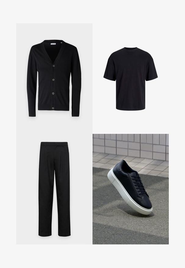 Sort cardigan med v-hals, fem knapper ned foran og ribbede manchetter og kant. Fremstillet af et blødt, strikket materiale.; Sort bomulds t-shirt med rund hals, korte ærmer og en afslappet pasform. Glat tekstur uden synlige mønstre eller accenter.; Sorte bukser lavet af glat stof, med et lige ben-design, to frontfolder og en standard talje med bæltestropper.; Sort lædersneaker med rund tå og hvid gummisål. Har flade snørebånd og minimal syning på overdelen. Tekstureret sål for bedre greb.