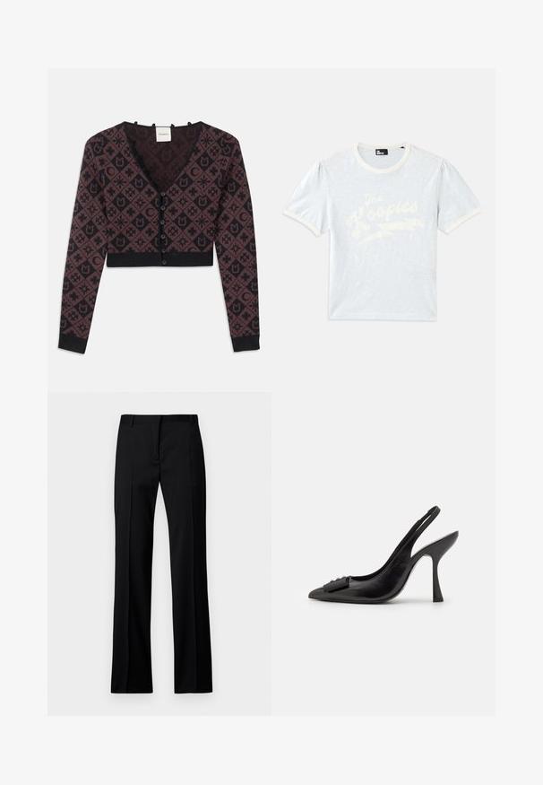 Izgriezta V-veida kardigāna ar garām piedurknēm, melnas un tumši brūnas ģeometriskas un ziedu raksts, priekšējā pogu aizdare, ribbētas piedurknes un apmale.; Gaiši zila īsām piedurknēm t-kreklu ar krēmkrāsas apkakli un uzpūstām piedurknēm, ar baltu tekstu "The Kooples" un zibens dizainu.; Melni taisni bikses gludā audumā, ar plakanu priekšpusi, jostas cilpām un bez redzamām kabatām vai rotājumiem.; Melnas ādas sārta kurpes ar smailu purngalu, šauru augstu papēdi un dekoratīvu loku akcentu. Gluda tekstūra un elegants dizains.