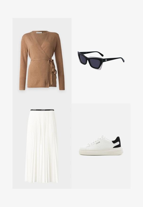 pure cashmere WRAP CARDIGAN - Kardiganas - dark beige; Baltos medvilninės marškinėliai su horizontaliomis tamsiai mėlynomis juostelėmis. Ant krūtinės išsiuvinėtas „Tommy Hilfiger“ rašmuo. Apvalus iškirpimas.; Pleated balta sijonas su juodu elastiniu juosmeniu, ant kurio yra "LACOSTE" logotipas. Vidutinio ilgio dizainas su švelnia tekstūra.; Baltos odinės sportbačiai su storu baltu padu, juodu nubuko kulno akcentu ir iškilmingu logotipu šone. Su raišteliais, turinčiais šešis akinius.; Juodos didelės saulės akinių su geometrine forma, turinčiais tamsius objektyvus ir kontrastingą pilką detalę ant rėmelio. Logotipas ant šalon.; Sidabriniai lankelio formos auskarai su lygiu, blizgiu paviršiumi, išlenktos formos ir su užsegimu. Minimalistinio dizaino su moderniu apdaila.