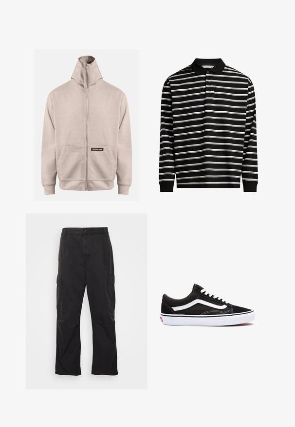 Felpa beige con zip, colletto alto, due tasche laterali, polsini e orlo a coste, con una piccola etichetta scura sulla tasca sinistra.; Polo a maniche lunghe realizzato in tessuto nero con righe orizzontali bianche, dotato di colletto e patta con tre bottoni.; Pantaloni cargo neri con design a gamba dritta, dotati di due tasche laterali, chiusura con bottone e un tessuto testurizzato.; Sneaker nera in tela con accenti bianchi, caratterizzata da punta arrotondata, design con lacci e suola in gomma. Logo laterale e dettagli di cucitura visibili.