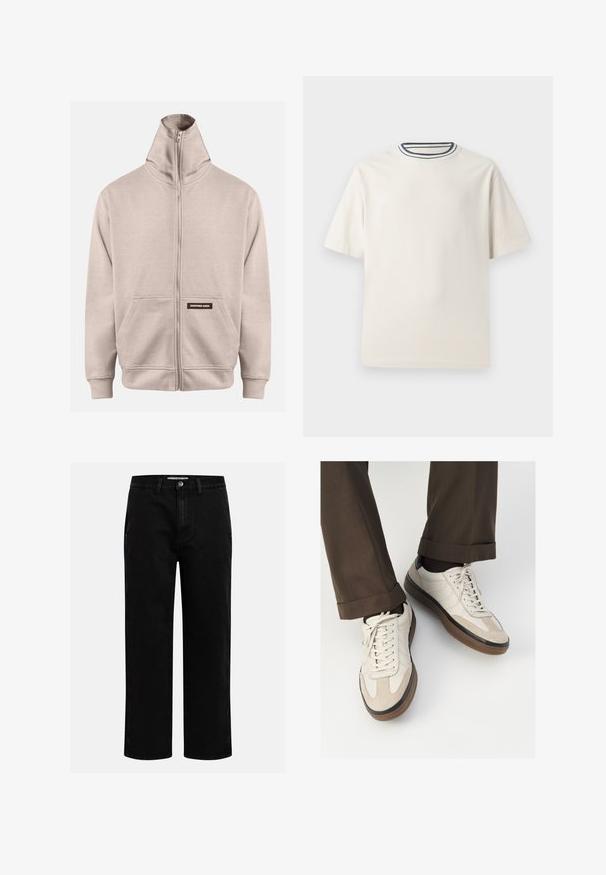 Bež kapuutsviit, millel on kõrge krae, kaks küljetaskut, ribakäised ja -äär, ning väikene tume sildike vasakul taskul.; Kreemivärvi puuvillane T-särk lühikeste varrukatega, ümmarguse kaeluse ja mereteemalise sinise ja valge triibuga. Sile tekstuur, mugav lõike.; Mustad denim püksid sirge jala kujundiga, klassikaline viie tasku disain ja nööbid kinniuisutamisel. Sile tekstuur ja vastupidav kangas.; Bežid spordijalised, millel on tekstuuriga suede esiosa, siledast nahast küljed ja pruun kummitald. Lisatud on paelad ja heledad õmbluse detailid.