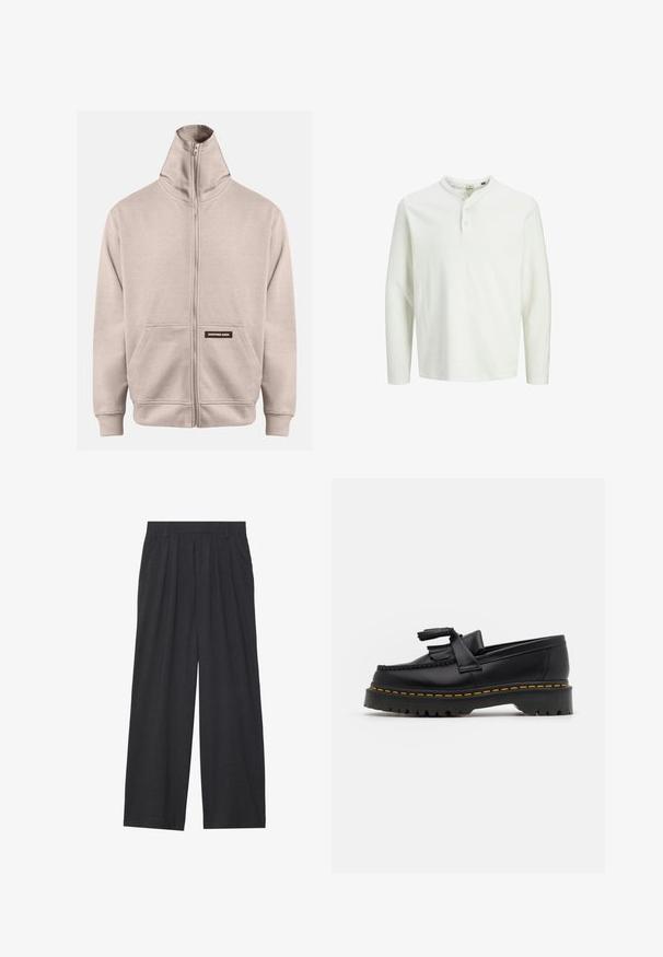 Beige cipzáras pulóver magas gallérral, két oldalsó zsebbel, bordázott mandzsettákkal és aljjal, a bal zsebénél található egy kis sötét címke.; Fehér, hosszú ujjú henley póló három gombbal és kerek nyakkal, egyszínű fehér háttéren bemutatva.; Sötétszürke anyagból készült, bő szárú nadrág. Ráncokkal a deréknál, elegáns fazonnal és egyenes sziluettel rendelkezik.; Fekete bőr mokaszin, rojtos díszítéssel, masszív fekete talppal és sárga varrással az élén. Texturált felület.