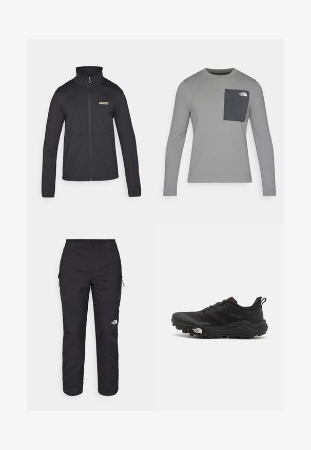Giacca in pile nera con colletto alto, zip completa e dettagli sulle cuciture anteriori. Presenta un piccolo logo metallico del brand sul lato sinistro del petto.; Maglietta grigia a maniche lunghe con tessuto testurizzato, dotata di una tasca sul petto grigia scura e chiusura con zip. Logo bianco sulla tasca.; The North Face WINTER EXPLORATION TAPERED CARGO - Pantaloni outdoor - black; Scarpa da trail running nera con tomaia texture, suola in gomma e punta rinforzata. Presenta un collare imbottito e un tassello per un indossamento facile.