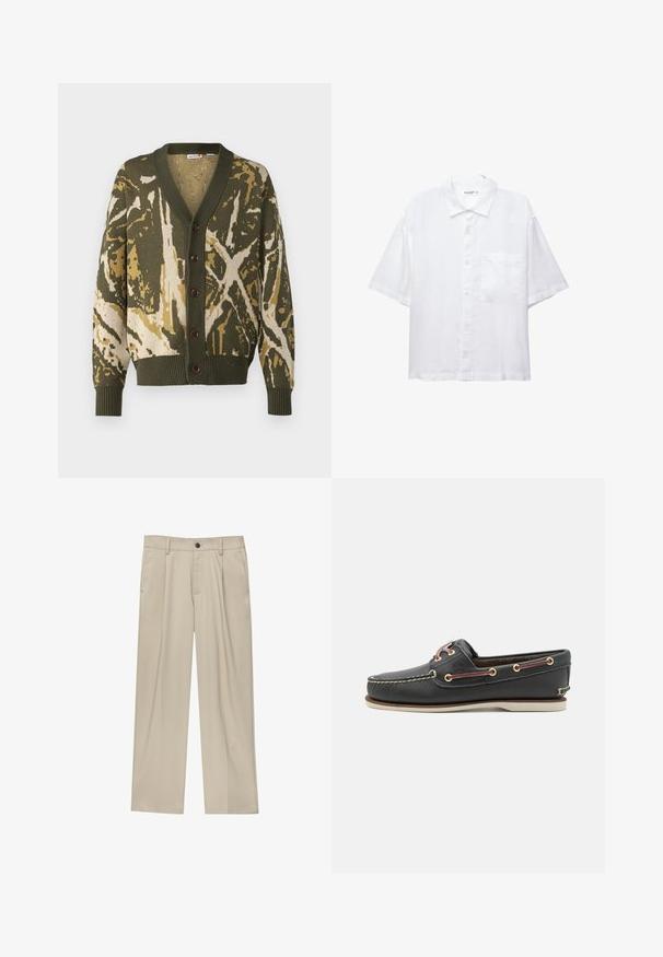 Zöld és krémszínű kardigán, textúrált álcázó mintával, V-nyakkivágással, gombos záródással, valamint bordázott mandzsettákkal és aljjal.; Fehér, rövid ujjú ing gombos elülső résszel, gallérral és egyetlen mellzsebbel. Könnyű anyagból készült, sima textúrával.; Beige egyenes szárú nadrág, egy fekete gombbal, övhurkokkal és oldalzsebekkel. Sima szövettextúra és minimális design.; Fekete bőr csónakcipő kerek orral, fehér gumitalppal, arany fűzőlyukakkal és kontrasztos bordó fűzőkkel. Díszítő varrásokkal rendelkezik.