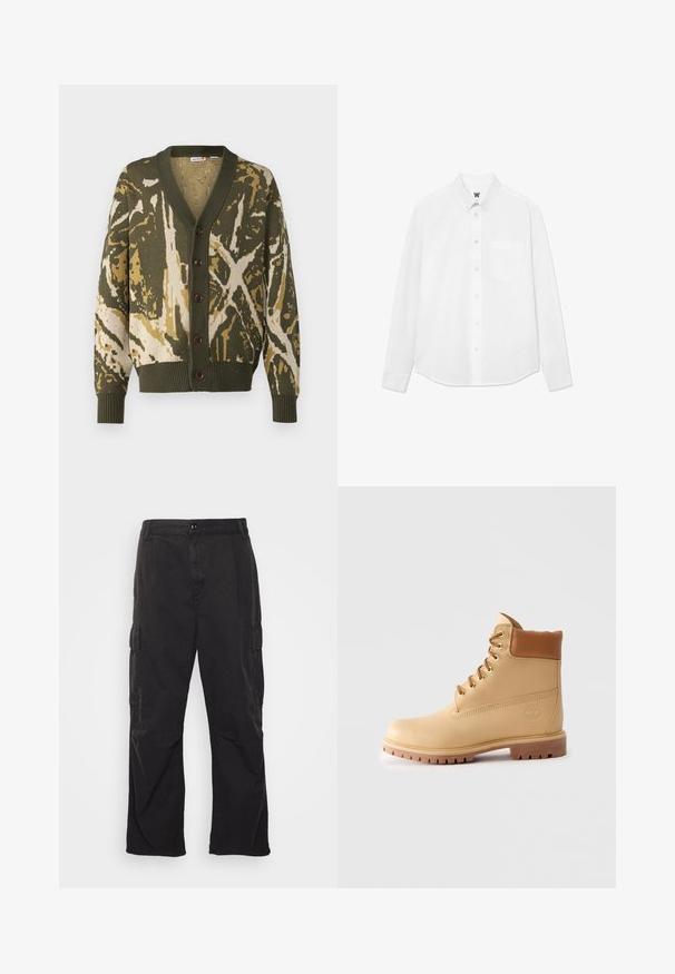 Zöld és krémszínű kardigán, textúrált álcázó mintával, V-nyakkivágással, gombos záródással, valamint bordázott mandzsettákkal és aljjal.; Fehér, hosszú ujjú, gombos ing, gallérral, elülső zsebből és finom textúrából. Az elülső gombolás gombokkal és egy kis logó részlettel rendelkezik.; Fekete cargo nadrág egyenes szárú fazonnal, két oldalsó zsebbel, gombos záródással és texturált anyaggal.; Világosbarna bőr bokacsizma párnázott gallérral, arany szemekkel, világosbarna cipőfűzőkkel és vastag, bordás talppal egy egyszerű világos háttér előtt.