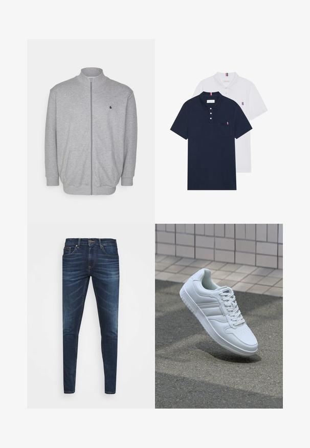 Szürke, cipzáros dzseki puha anyagból, álló gallérral, két elülső zsebbel és egy kis fekete logóval a mellkason.; Két pólóing: az egyik sötétkék, a másik fehér, mindkettőn kicsi piros, fehér és kék díszítés található a mellzsebből és a galléron.; Sötétkék farmernadrág, testhezálló fazonnal, finom áttűnéssel, öt zsebbel és fémből készült gombzárral. Kontrasztos színű varrási díszítések.; Fehér sportcipő sima bőr felsőrésszel, fűzős elülettel, perforált orral és mintázott talppal. Minimalista dizájn három oldalsávval.