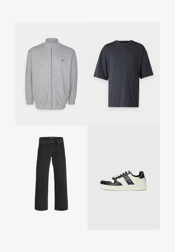 Graue Zip-Jacke aus weichem Material, mit Stehkragen, zwei vorderen Taschen und einem kleinen schwarzen Logo auf der Brust.; Dunkelgraues Kurzarm-T-Shirt aus leichtem Baumwollmaterial, mit lockerer Passform und klassischem Rundhalsausschnitt, in einfarbigem Design ohne Muster.; Schwarze weite Jeans aus Denim; verfügt über ein klassisches Fünf-Taschen-Design, robuste Nähte und einen Knopfverschluss am Bund.; Leder-Sneaker in Schwarz- und Cremetönen, mit perforierten Akzenten, einem gepolsterten Kragen und einer strukturierten Laufsohle.