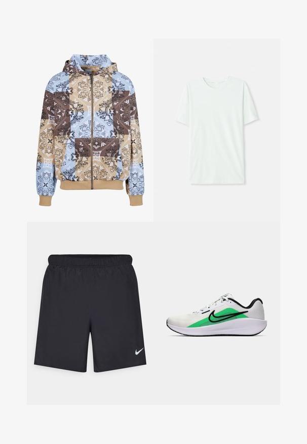 Kapucnis, cipzáras pulóver, kék, bézs és barna színekkel foltvarrásos mintával. Virágmintákkal és kenguruzsebbel rendelkezik.; Világos menta zöld, rövidujjú póló, puha anyagból készült. Kerek nyakkivágással és egyszerű, egyenes szabással rendelkezik, díszítések nélkül.; Fekete sportnadrág könnyű anyagból, rugalmas derékkal. A bal alsó oldalon egy kis fehér Nike-logó található.; Fehér sportcipő zöld akcentussal, fekete logóval, hálós felsőrésszel, párnázott talppal és kerek sarkú kialakítással. Felszereltségében fűzők és kontrasztos részletek találhatók.
