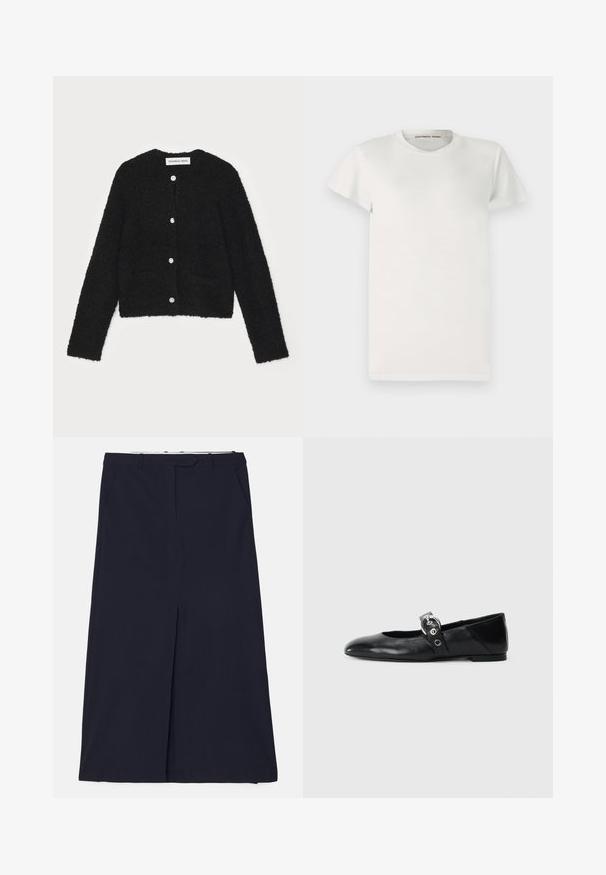Cardigã preto felpudo com decote redondo, mangas longas e cinco botões na frente. Apresenta dois bolsos frontais e um design cropped.; T-shirt branca de mangas curtas, feita de algodão, com decote redondo e corte simples. As etiquetas exibem "DESIGNERS REMIX" dentro do colarinho.; DESIGNERS REMIX SCOTT LONG SKIRT - Saia comprida - navy; Sapatilhas de balé pretas em couro com bico pontiagudo, apresentando uma correia com uma fivela metálica circular e sola plana.
