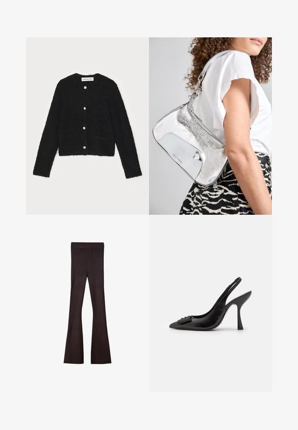 Čierny huňatý kardigán s okrúhlym výstrihom, dlhými rukávmi a piatimi prednými gombíkmi. Obsahuje dve predné vrecká a má skrátený strih.; Biela tielko s rebrovým povrchom, s čiernymi obrami pozdĺž výstrihu a otvorov na ramenách. Jednoduchý, bezrukávový dizajn.; Bershka Nohavice - dark brown; Čierne kožené šľapky so špicatou špičkou, úzkym vysokým opätkom a dekoratívnou mašľou. Hladká textura a elegantný dizajn.; Strieborná metalická kabelka na rameno s hladkou textúrou, zakriveným dizajnom, retiazkou na nosenie a lesklým predným panelom s jemnou gravírovanou logom.; Strieborné náušnice s plynulým, špirálovým dizajnom. Hladký povrch s lešteným finišom. Majú jemný lesk a žiadne viditeľné ozdoby.