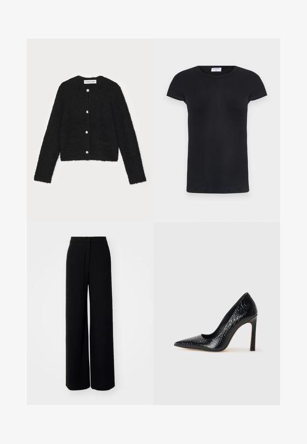Cardigan noir en peluche avec un col rond, des manches longues et cinq boutons à l'avant. Il présente deux poches avant et un design court.; T-shirt noir à côtes avec un col rond et des manches courtes. Tissu doux avec une coupe ajustée, présentant une étiquette au niveau du cou.; Pantalons larges noirs à taille haute, en tissu lisse, avec fermeture à bouton à l'avant et sans poches visibles, offrant une coupe tailleur.; Escarpin noir à bout pointu avec texture en cuir de crocodile, présentant un design élégant, un haut talon aiguille et un intérieur noir lisse.