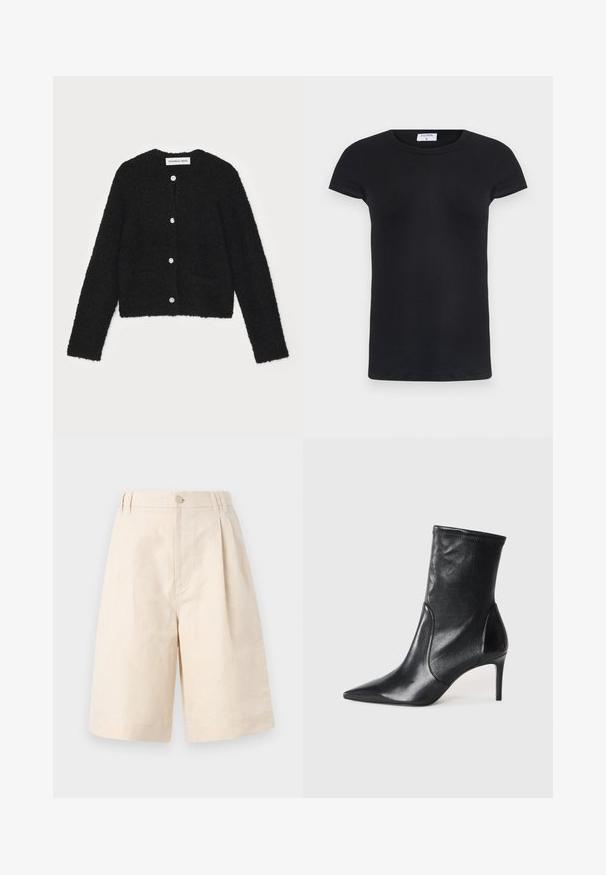 Melna pūkaina kardigāna ar apaļu dekoltē, garām piedurknēm un pieciem priekšējiem pogām. Iekļauj divas priekšējās kabatas un īsu dizainu.; Melnās ribotās T-kreklis ar apaļu kakla izgriezumu un īsām piedurknēm. Mīksta auduma, pieguļošs izskats, ar uzlīmi kaklā.; Beige linu džinsi ar brīvu piegriezumu, ar pogu aizdari, krokām un līdz ceļiem garumu. Gluda tekstūra un vienkāršs stils.; Melnas potītes zābakus, kas izgatavoti no gludas ādas, ar norādītu purngaliņu, pieguļošu kāju un šauru augstu papēdi. Minimalistisks dizains bez redzamiem aksesuāriem.