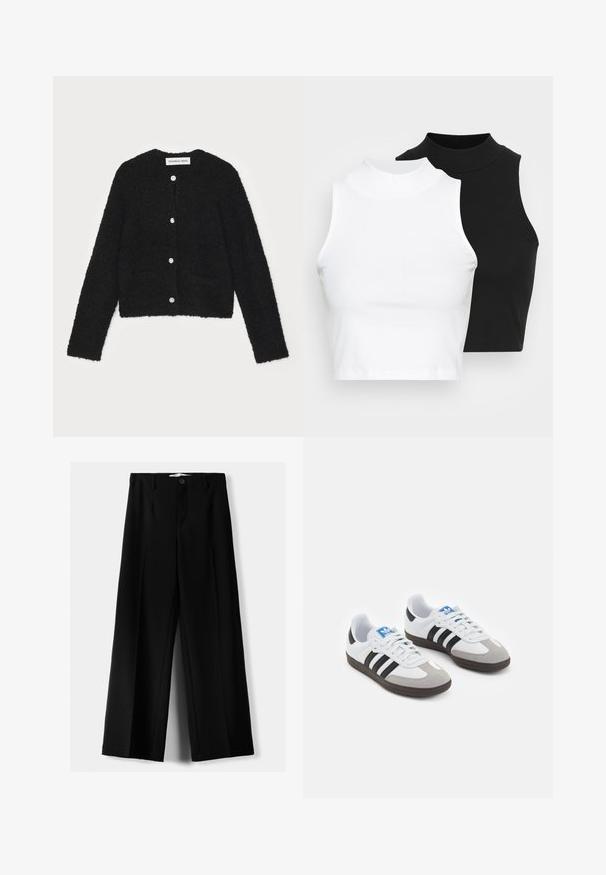 Fekete bolyhos kardigán kerek nyakkivágással, hosszú ujjakkal és öt elülső gombbal. Két elülső zsebe van és rövidített fazonú.; Két ujjatlan, bordázott garbós top fekete és fehér színben, testhezálló kialakítással és sima textúrával, rövidített hosszal.; Fekete, bő szárú nadrág, könnyű anyagból, elöl gombos záródással és sima elfröccsenésű fazonnal, szépen varrott szegélyekkel.; Fehér bőr felsőrészes sportcipő, szürke velúrból készült orral és három fekete csíkkal. Jellemzője a kék logó a nyelvén és egy texturált gumitalp.