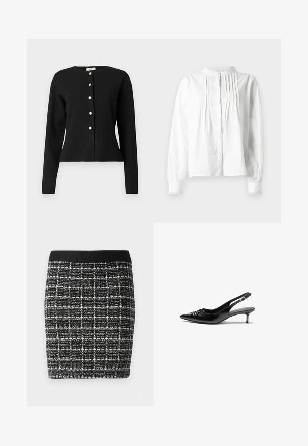 Svart långärmad cardigan med rund halsringning och sex silverknappar framtill, något figursydd vid midjan.; Vit långärmad blus med ståkrage, vertikala veck på framsidan, knappstängning och spetsdekorerade ärmslut.; Svart- och vitrutigt kjol med en texturerad tyg, med en svart midja och en figurnära silhuett.; Svart läderslingback med spetsig tå, låg klack i kattunge-stil och veckdetalj på framdelen. Slät textur och minimalistisk design.