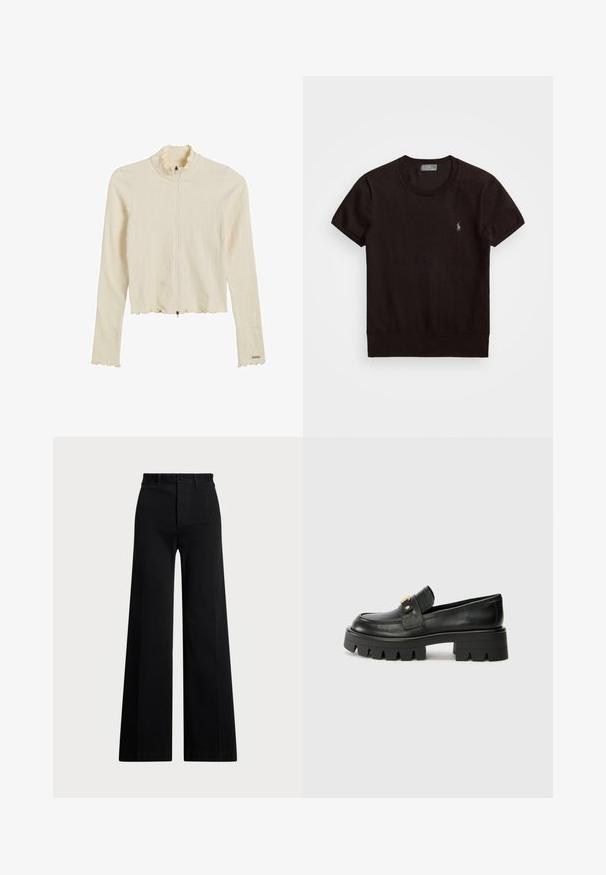 Kermanvärinen, röyhelökaulus ja helma, väärttilaatuinen vetoketju. Pitkät hihat ja istuva muotoilu. Varusteina vetoketjukiinnitys.; Musta lyhythihainen t-paita, joka on valmistettu pehmeästä kankaasta, pyöreällä kaula-aukolla ja vasemmassa rinnassa pienellä brodeeratulla logolla.; Mustat leveät housut, jotka on valmistettu kudotusta kankaasta. Niissä on korkea vyötärö, edessä nappisulku ja sivutaskut. Suora pinta puhtailla linjoilla.; Mustat nahkakengät, joissa on paksu pohja, kultaisella korostuksella edessä ja sileällä pinnalla. Paksu kuvio pohjassa.