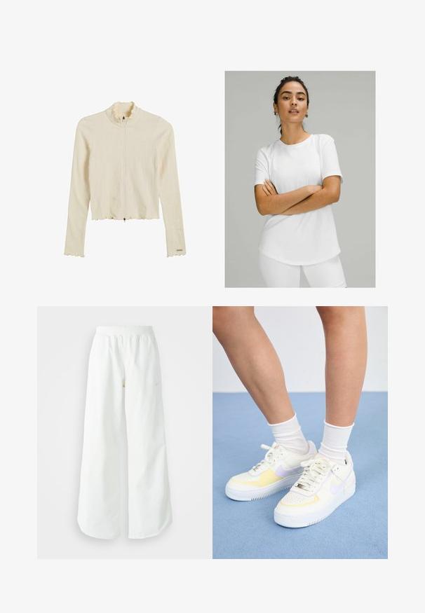 Krémová ribbovaná bunda na zips s volánovým golierom a lemom. Má dlhé rukávy a priliehavý strih. Zatváranie je na zips.; Biely tričko s krátkym rukávom vyrobené z hladkej tkaniny, s okrúhlym výstrihom a zakriveným spodným okrajom. Nosí sa s bielymi nohavicami.; Biele široké športové nohavice s ribbovaným pásom a jemným logom. Hladká tkanina s uvoľneným strihom a zúženým lemom.; Biele kožené tenisky s žltými a levanduľovými akcentmi, okrúhle špičky, ploché šnúrky a textúrovaná gumová podrážka. Nosené s bielymi ponožkami.