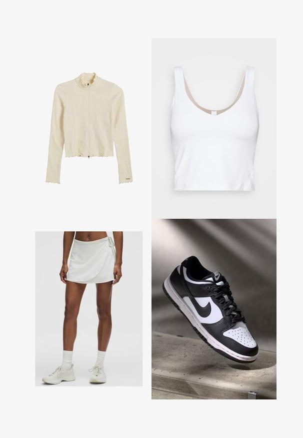 Cremefarvet, ribbet jakke med lynlås, der har en flæsekrave og flæse i kanten. Har lange ærmer og en tætsiddende pasform. Udstyret med lynlåsåbning.; Hvid crop top med en rund udskæring og brede skulderstropper. Fremstillet af glat, strækbart stof med en beige foring rundt om udskæringen.; Hvid atletisk skorts med en omslagdesignet, lavet af glat stof. Har en snøre i siden og er parret med lyse sneakers og sokker.; Sorthvid Nike Dunk Low sneakers med læderoverdel, perforeret tåboks og sorte snørebånd, udstyret med en hvid sål og logo accenter.